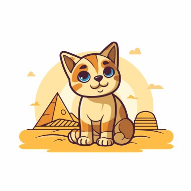 Çölde kumların üzerinde oturan sevimli kedi. Vektör illüstrasyonu