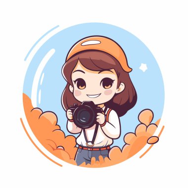 Kamerayı tutan sevimli küçük kız. Çizgi film tarzında vektör illüstrasyonu.