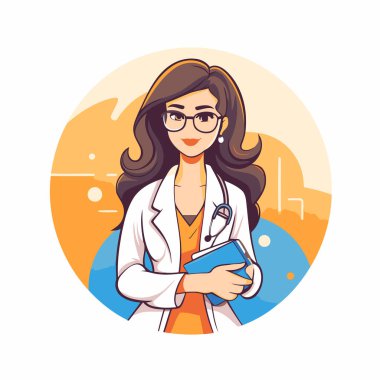 Elinde dosya tutan bir kadın doktor. Düz bir şekilde vektör illüstrasyonu.