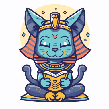 Kitap okuyan sevimli bir kedi. Çizgi film tarzında vektör illüstrasyonu.