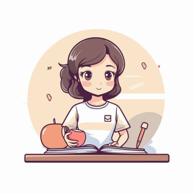 Kitap okuyan ve elma yiyen sevimli küçük bir kız. Vektör illüstrasyonu.