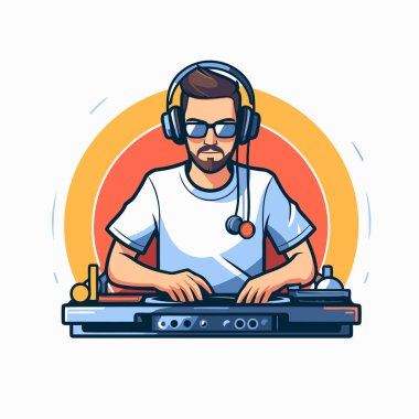 Hipster DJ pikapta müzik çalıyor. Vektör illüstrasyonu.