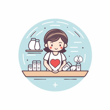 Güzellik salonunda elinde kalp tutan bir kadının vektör çizimi..