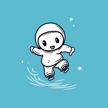 Buz pateni üzerindeki sevimli astronot çizgi filmi. Çizgi film tarzında vektör illüstrasyonu