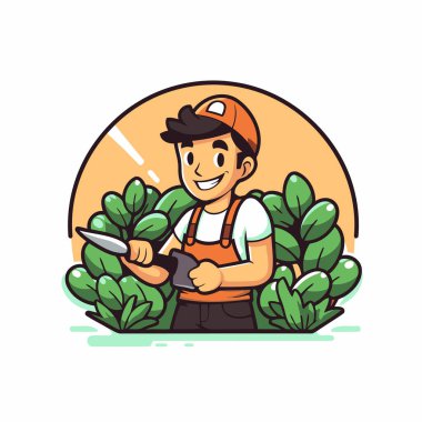 Budama makineli çizgi film bahçıvanı. Çizgi film tarzında vektör illüstrasyonu.