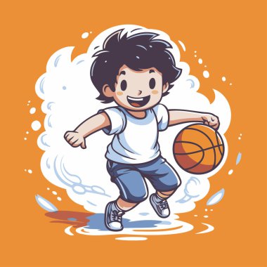 Basketbol oynayan bir çocuk. Basketbol oynayan mutlu bir çocuğun vektör çizimi.