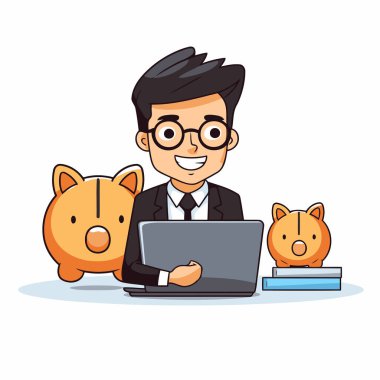 Dizüstü bilgisayarı ve domuz kumbarası vektör çizimi grafik tasarımı olan bir iş adamı.