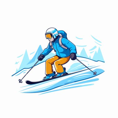 Dağlarda kayak yapan kayakçı. Kış sporu. Vektör illüstrasyonu.