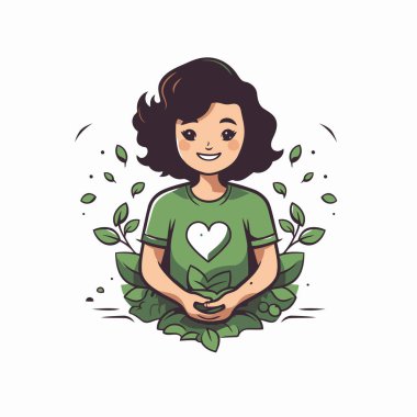 Elinde yaprak tutan yeşil tişörtlü bir kadının vektör çizimi.