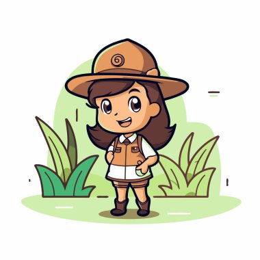 Safari kostümü içinde şirin bir kız. Çizgi film tarzında vektör illüstrasyonu