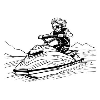 Jet ski süren bir adam. Jet ski süren bir adamın vektör çizimi.