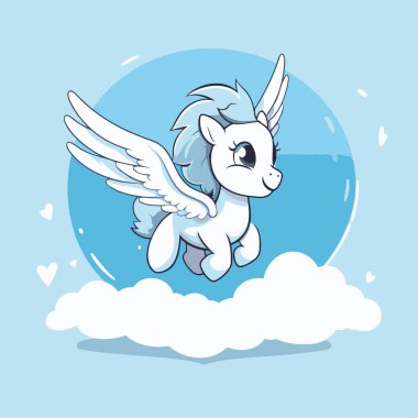 Bulutlarda uçan şirin tek boynuzlu at çizgi filmi. Vektör çizimi. Mavi arkaplanda izole.