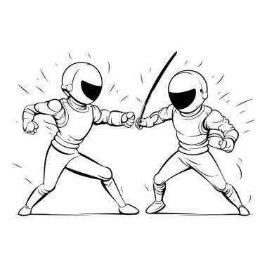 Kılıçlarla dövüşen iki şövalye tasviri. Siyah beyaz versiyonu.