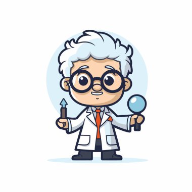 Kalem ve Gözlük Tutan Bilimadamı - Vektör Çizgi Film Tasarımı