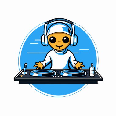 Kulaklıkları ve pikabı olan sevimli bir DJ. Vektör illüstrasyonu.