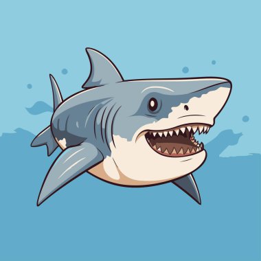 Büyük beyaz köpekbalığı çizgi filmi vektör çizimi. Ağzı açık şirin köpekbalığı..