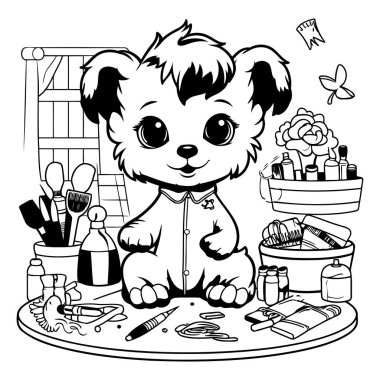Aletlerle dolu bir masanın önünde oturan sevimli bir köpeğin siyah beyaz çizimi.