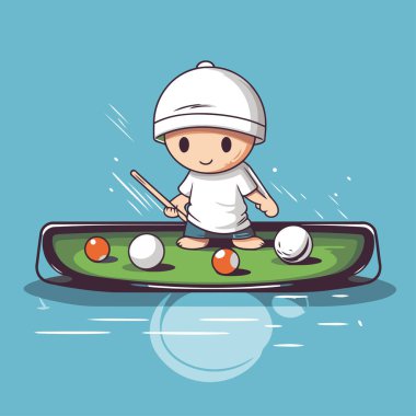 Çizgi filmci çocuk bilardo oynuyor. Tasarımınız için vektör illüstrasyonu