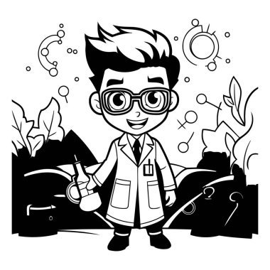Laboratuvar önlüğü ve gözlüklü bir bilim adamının vektör çizimi..