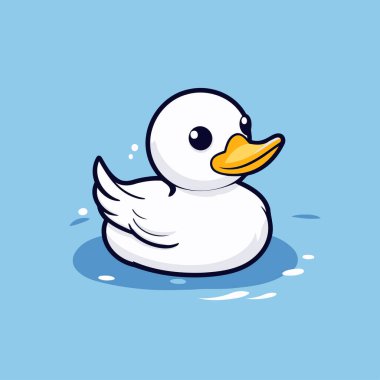 Suda yüzen sevimli çizgi film ördeği. Mavi arkaplanda vektör illüstrasyonu izole edildi.