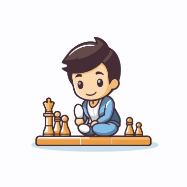 Beyaz arka planda satranç oynayan sevimli çocuk. Renkli tasarım. vektör illüstrasyonu