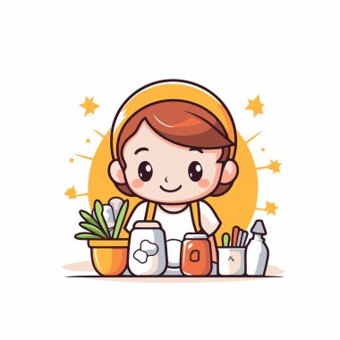 Önlüklü şirin kız ev işi yapıyor. Vektör illüstrasyonu.