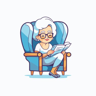 Koltukta oturan ve gazete okuyan yaşlı bir kadın. Vektör illüstrasyonu.