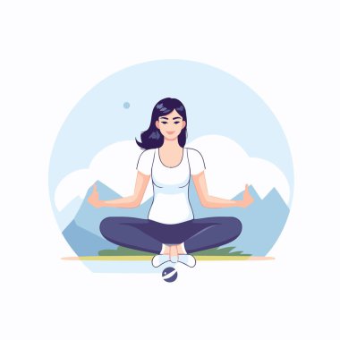 Lotus pozisyonunda meditasyon yapan bir kadın. Düz biçimli vektör illüstrasyonu