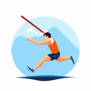 Yüksek atlama düz vektör çizimi. Spor giyimli bir sporcu sopayla koşuyor..