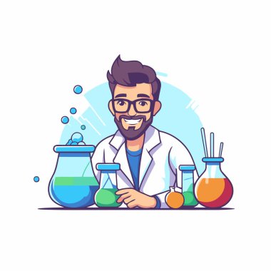 Matarası ve deney tüpü olan bir bilim adamı. Çizgi film tarzında vektör illüstrasyonu