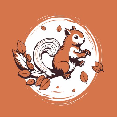 Ayın arka planında fındık olan sincap. Vektör illüstrasyonu.