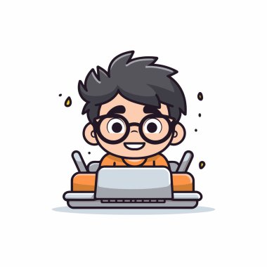 Gözlüklü ve dizüstü bilgisayarlı yakışıklı çocuk vektör çizimi grafik tasarımı