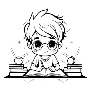 Kitap okuyan sevimli küçük bir çocuk. Siyah ve beyaz vektör çizimi.