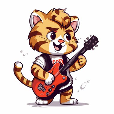 Elektro gitar çalan sevimli bir kaplan. Çizgi film vektör illüstrasyonu.