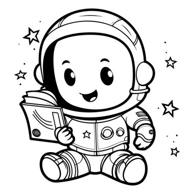 Siyah ve Beyaz Astronot Karakter Vektör Boyama Kitabı Çizimi