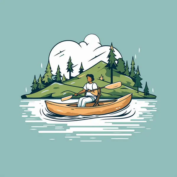 Mann Rudert Einem Kanu Auf Dem See Vektorillustration — Stockvektor