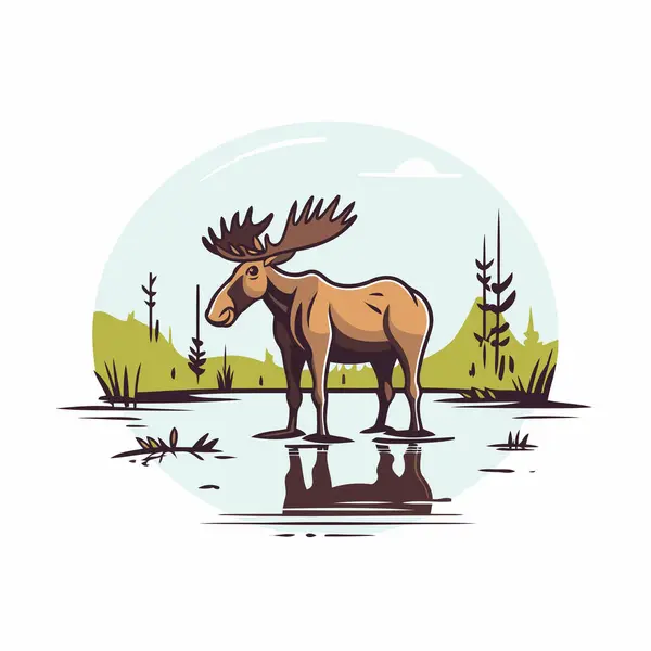 Moose Pond Vector Illustration Wild Animal — Stock Vector