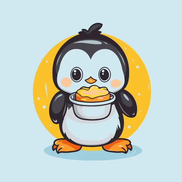 Lindo Pingüino Con Tazón Comida Ilustración Vectorial — Vector de stock