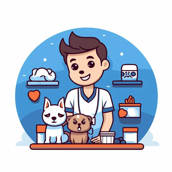Pet Shop Concept Vector Illustration Flat Style Young Man Dog — Stock Vector