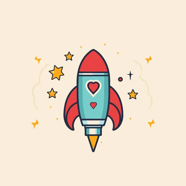 Rocket Heart Stars Vector Illustration Flat Linear Style — Stock Vector