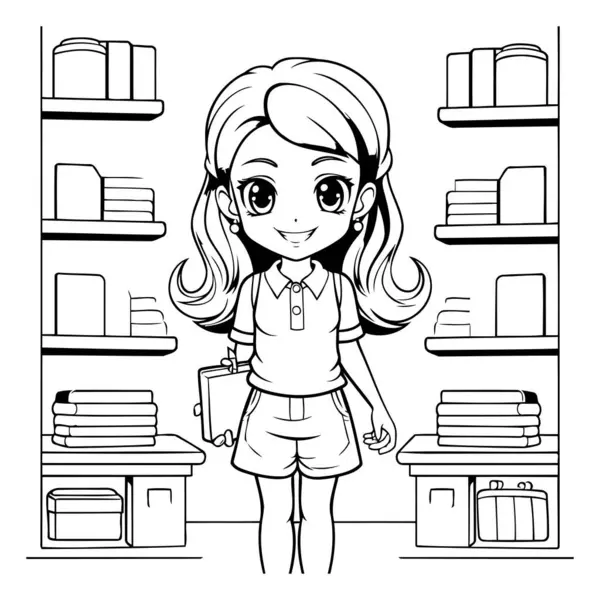 Ilustración Dibujos Animados Blanco Negro Colegiala Con Libros Estante Biblioteca — Vector de stock