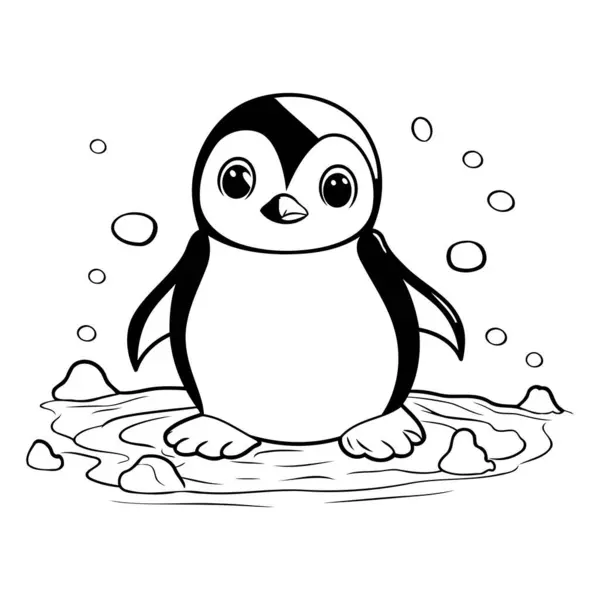 Tučňácký Kreslený Film Ledě Černobílá Vektorová Ilustrace — Stockový vektor