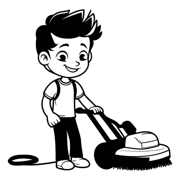 Cute Boy Lawn Mower Black White Vector Illustration — Stock Vector
