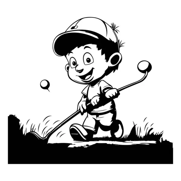 Little Boy Playing Golf Black White Vector Illustration Coloring Book — Stock Vector