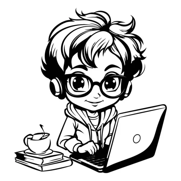 Cute Girl Laptopem Czarno Białe Ilustracja Kreskówek Wektor — Wektor stockowy