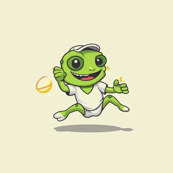 Cute Green Frog Running Baseball Ball Cartoon Character Vector Illustration — Stock Vector