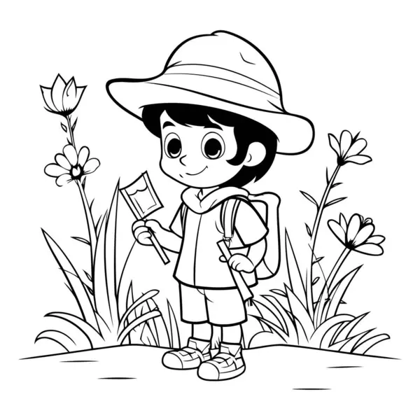 stock vector Boy with backpack and map cartoon in the garden vector illustration graphic design