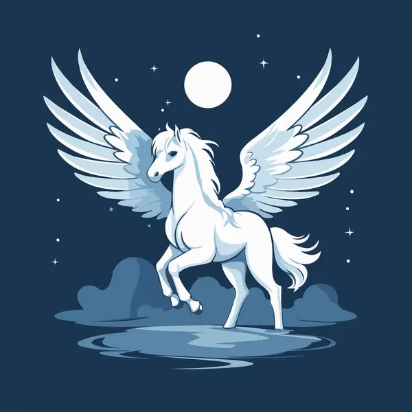 Vector Illustration White Unicorn Wings Night Sky — Stock Vector