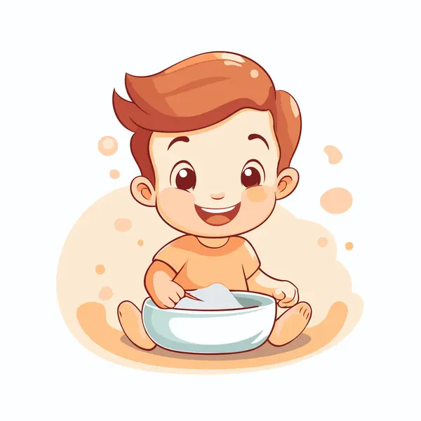 Cute Little Baby Boy Playing Bowl Food Vector Illustration — Stock Vector