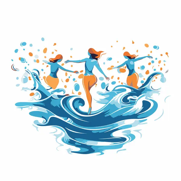 Vector Illustration Three Girls Jumping Water Wave — Stock Vector